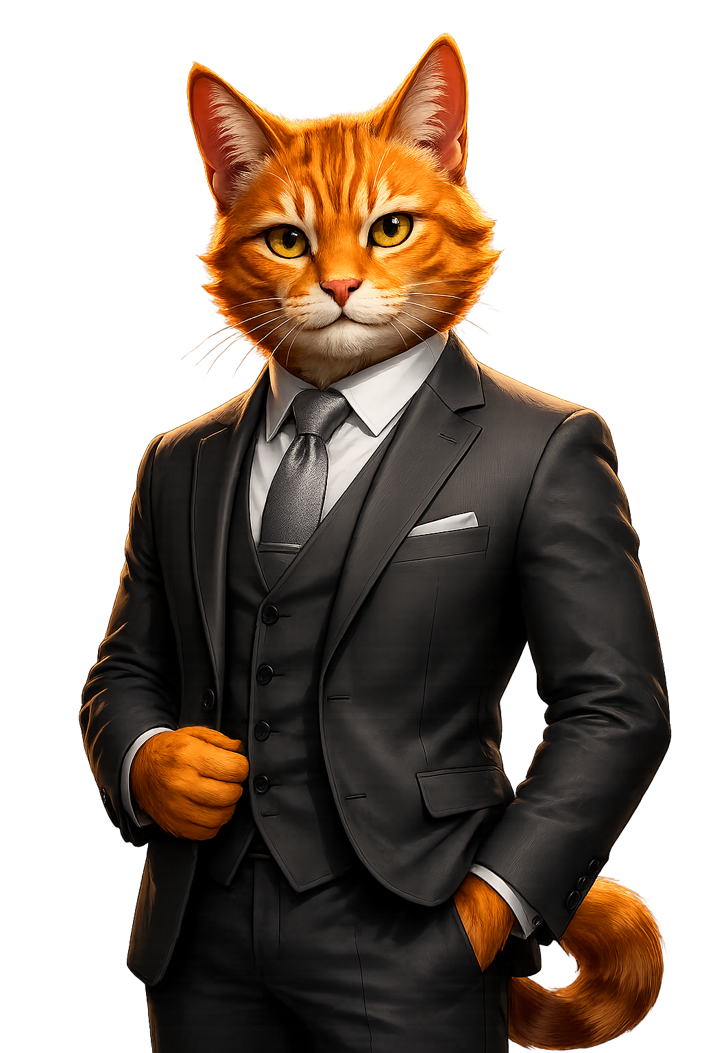 NasCat mascot: an orange cat in a tailored charcoal three-piece suit